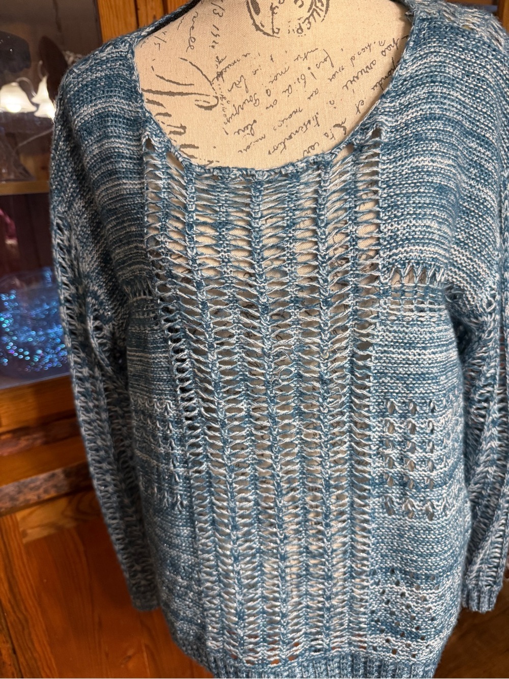 Open-Weave Light Blue Knit Pullover Sweater